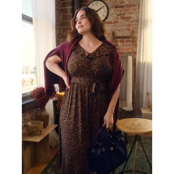 Time and Tru Women's and Women's Plus Ruffle Neck Midi Dress, Sizes XS-4X