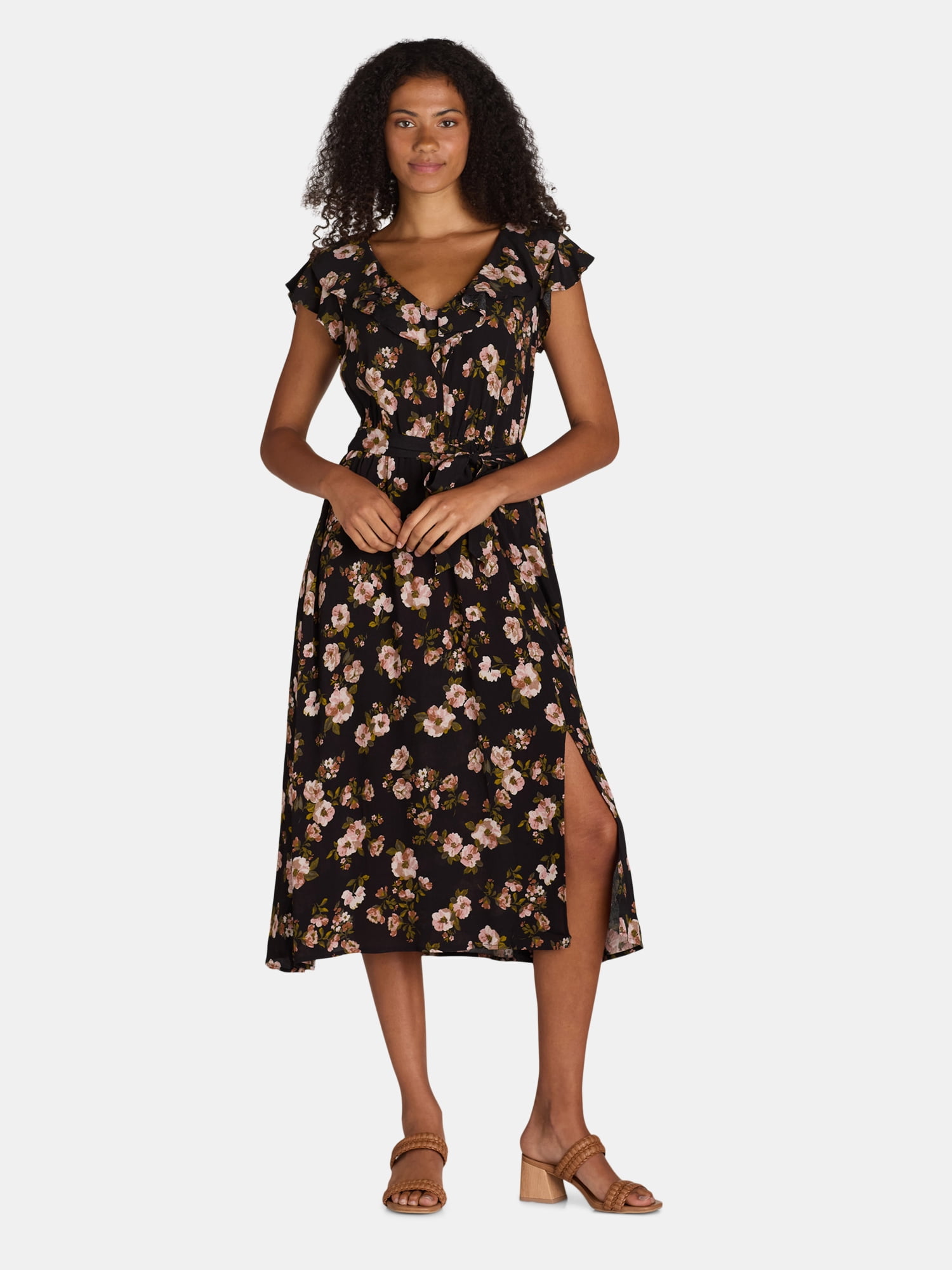 Time & Tru Women's Ruffle Neck Midi Dress with Tie Pockets V-Neck Elastic Crepe, XS-4X - Walmart.com Time & Tru Women's Ruffle Neck Midi Dress with Tie Pockets V-Neck Elastic Crepe, XS-4X - Walmart.com