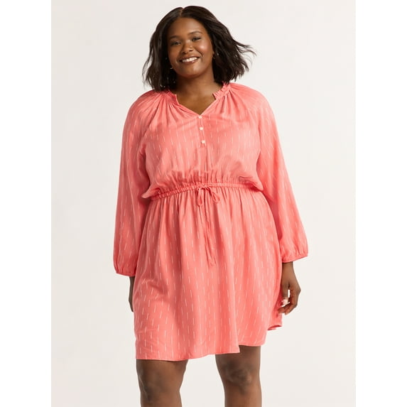 Time and Tru Women's and Women’s Plus Ruffle Neck Mini Dress, Sizes XS-4X