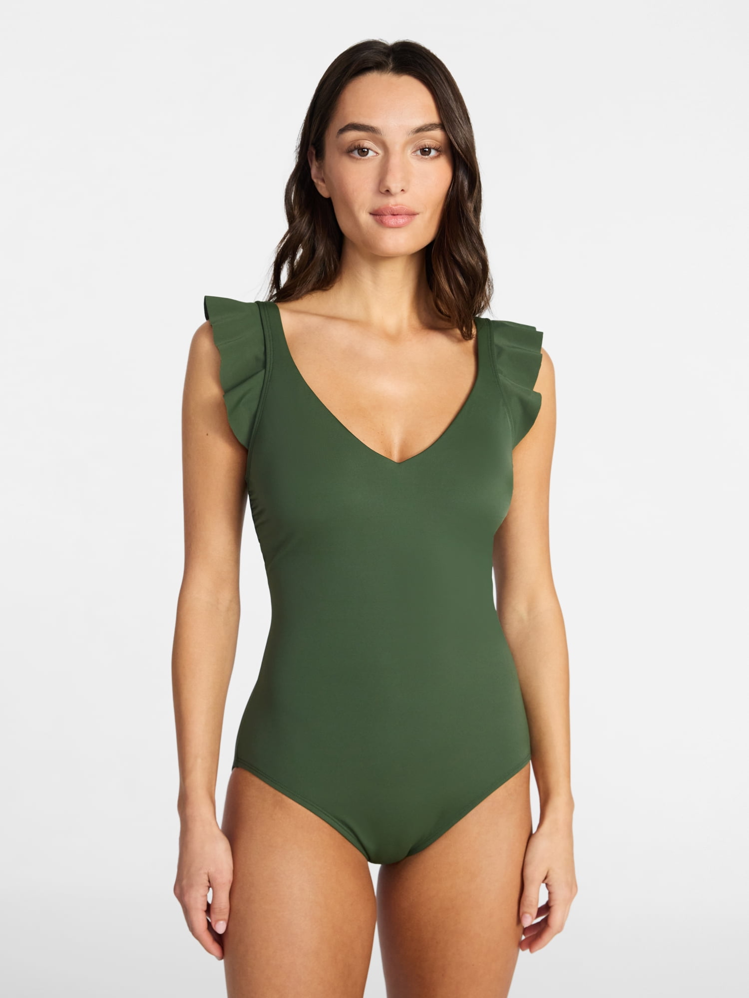 Time and Tru Women's and Women's Plus Size Ruffle Strap One Piece Swimsuit, Sizes XS-3X