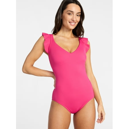 Time and Tru Women's Ruffle Strap One Piece Swimsuit, Sizes XS-3X
