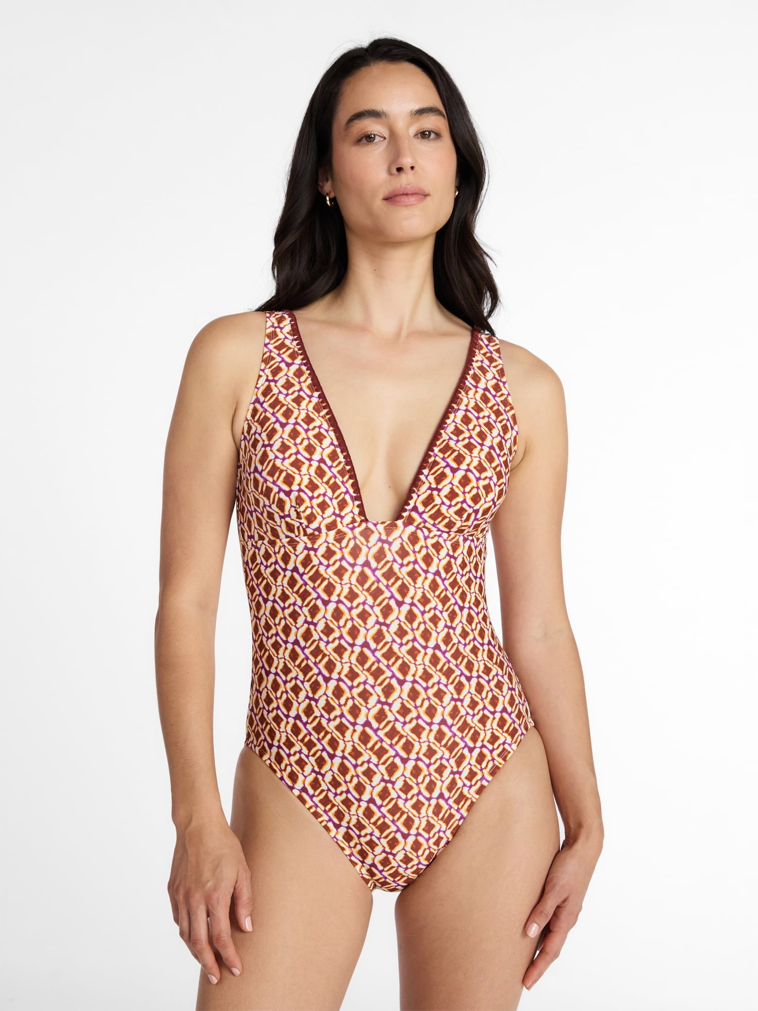 Time and Tru Women's and Women's Plus Shell Stitch Plunge One-Piece Swimsuit, Sizes XS-3X