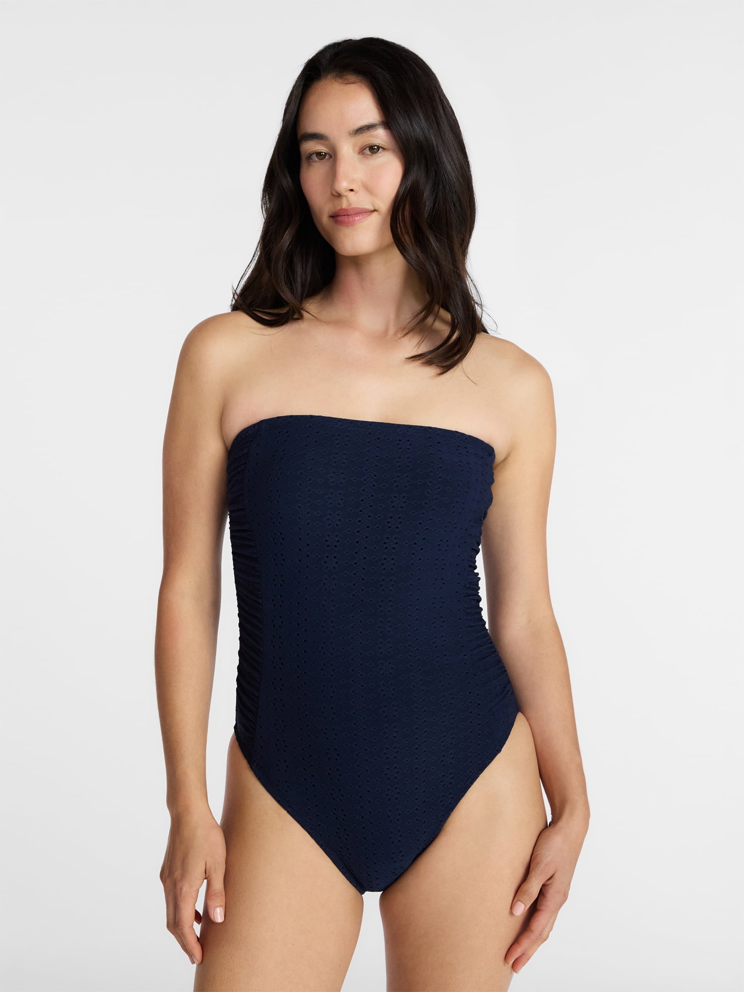 Time and Tru Women's and Women's Plus Eyelet Bandeau One Piece Swimsuit with Side Shirring, Sizes XS-3X