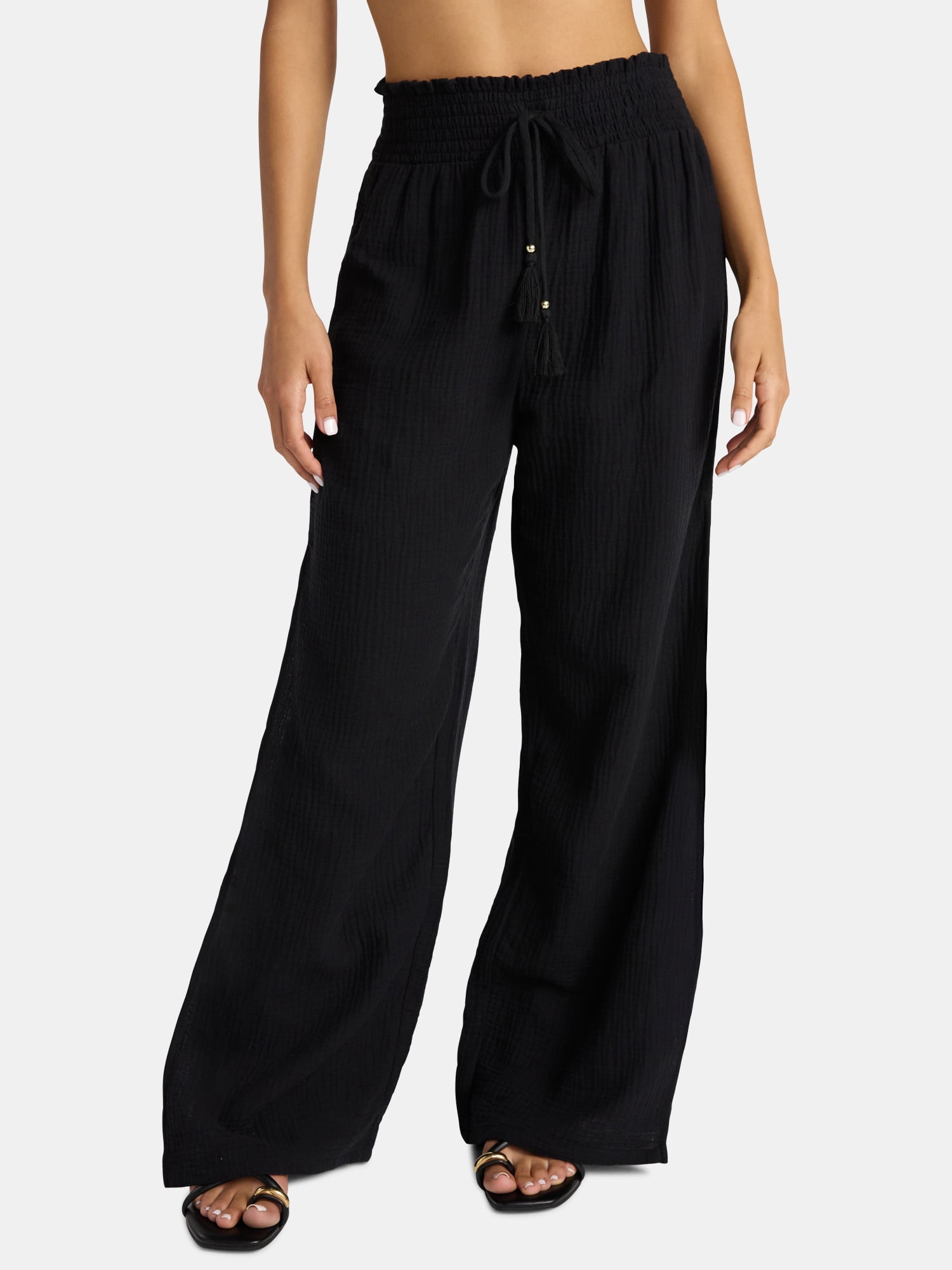 Time and Tru Women's Cotton Coverup Pants with Side Slits, Sizes XS-XL