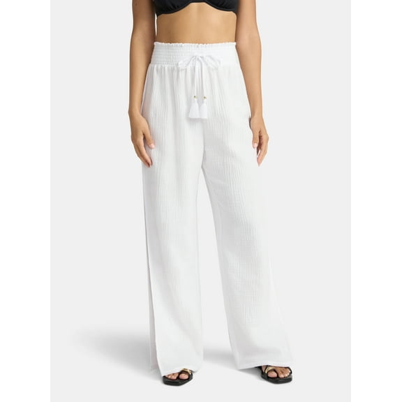 Time and Tru Women's Cotton Coverup Pants with Side Slits, Sizes XS-XL