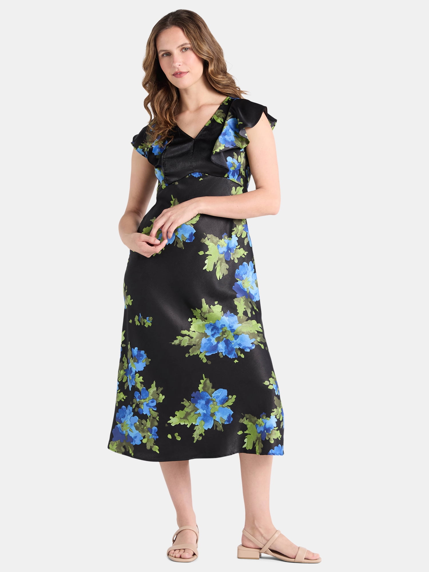 Time and Tru Women's and Women’s Plus Silky Satin Midi Dress with Flutter Sleeves, Sizes XS-4X