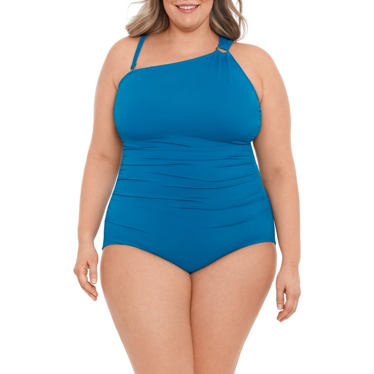 Time and Tru Women's and Women's Plus Size One Shoulder Swimsuit with Key  Ring 