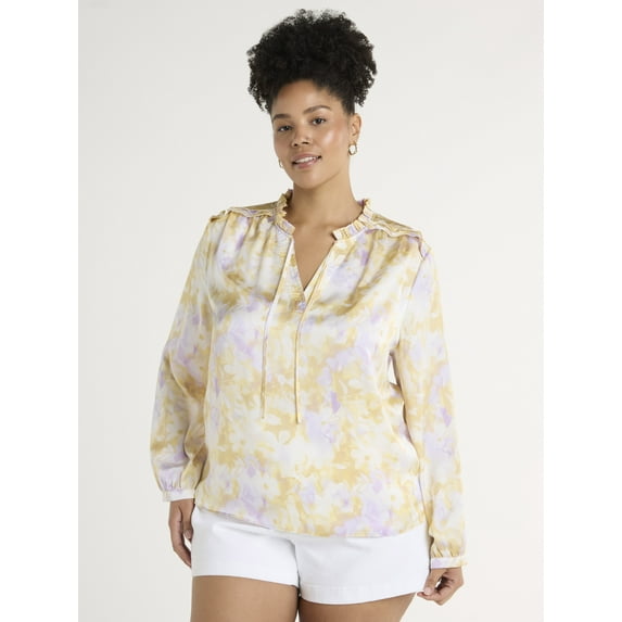 Time and Tru Women's and Women's Plus Size Silky Satin Ruffle Neck Blouse, Sizes XS-4X