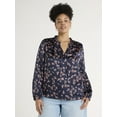 thumbnail image 1 of Time and Tru Women's and Women's Plus Size Silky Satin Ruffle Neck Blouse, Sizes XS-4X, 1 of 8