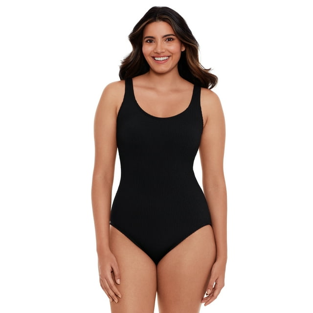 Time and Tru Women's and Women’s Plus Size Solid Crinkle One Piece Swimsuit