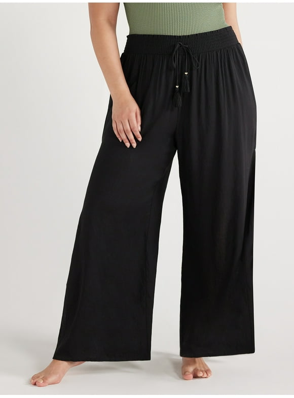 Time and Tru Women's and Women’s Plus Smocked Coverup Pants with Side Slits, Sizes XS-3X