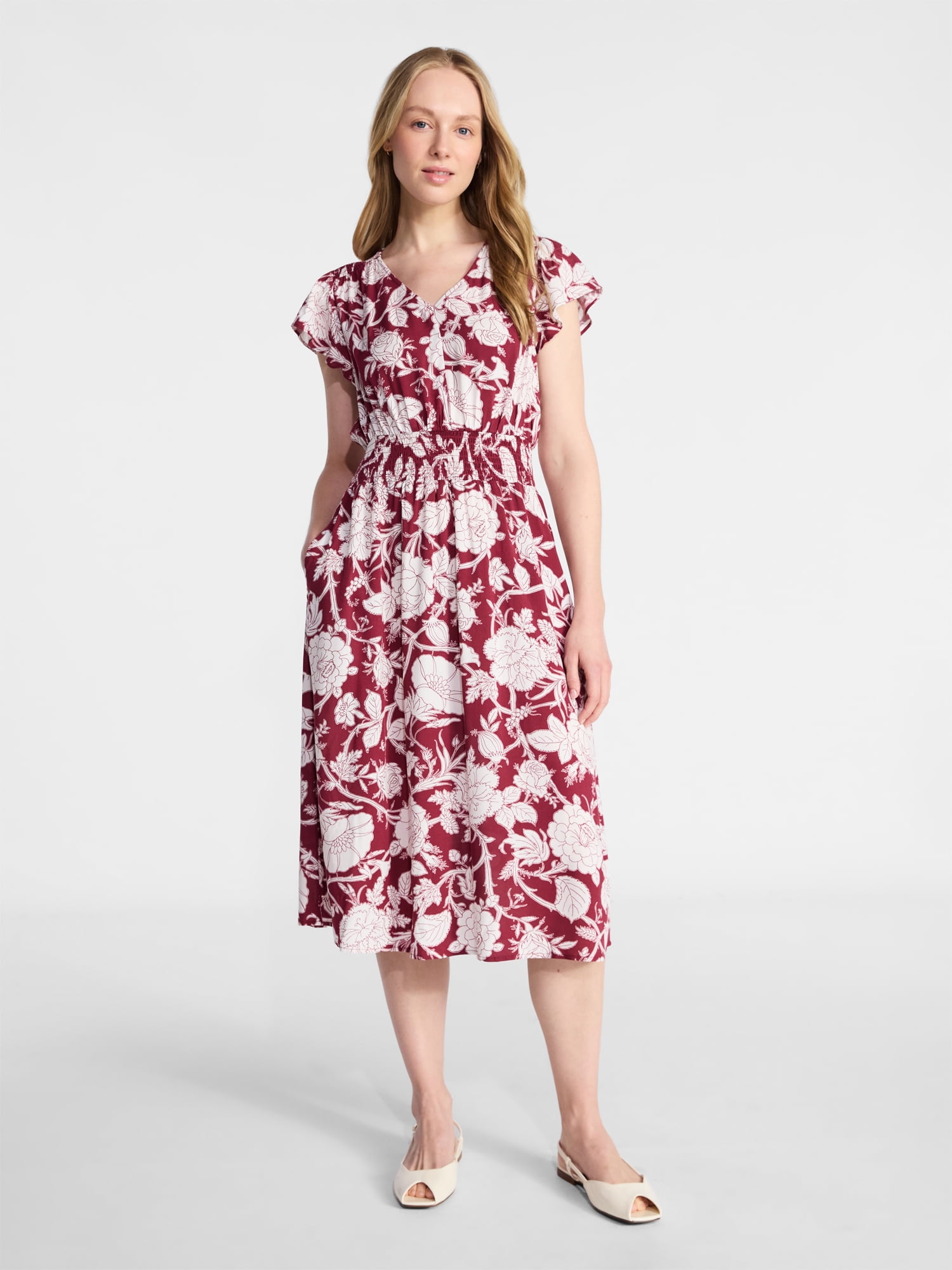 Time and Tru Women’s and Women’s Plus Smocked Waist Midi Dress with Flutter Sleeves, Sizes XS-4X