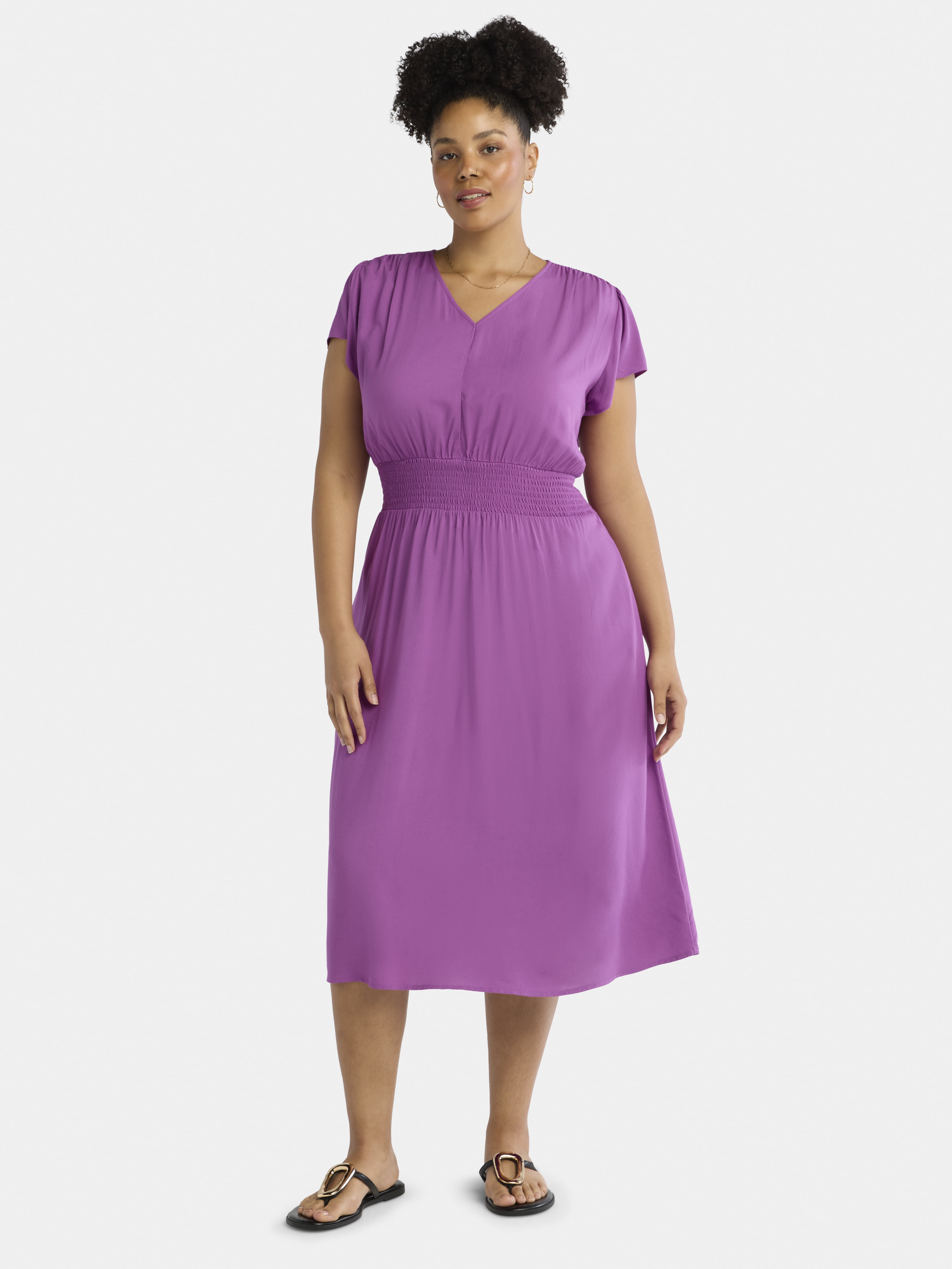 Time and Tru Women's and Women's Plus Smocked Waist Midi Dress, Sizes XS-4X