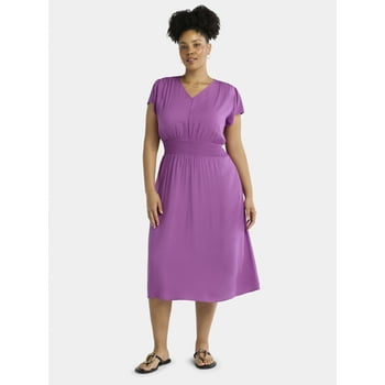 Time and Tru Women's and Women's Plus Smocked Waist Midi Dress, Sizes XS-4X