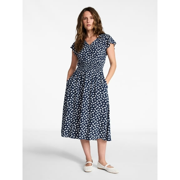 Time and Tru Women’s and Women’s Plus Smocked Waist Midi Dress with Flutter Sleeves, Sizes XS-4X
