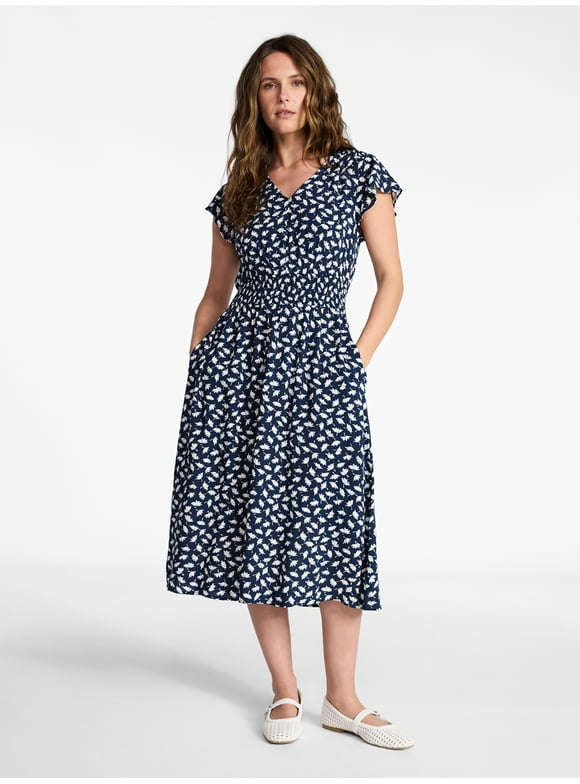 Women’s and Women’s Plus Smocked Waist Midi Dress with Flutter Sleeves, Sizes XS-4X