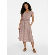 TIME AND TRU Women’s and Women’s Plus Smocked Waist Midi Dress with Flutter Sleeves, Sizes XS-4X
