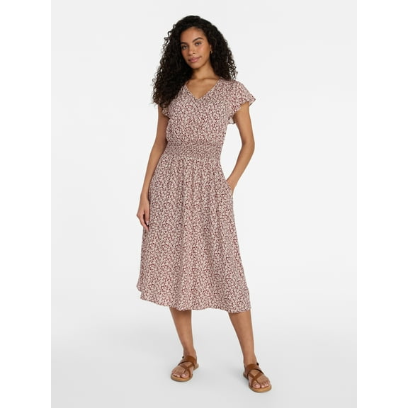 Time and Tru Women’s and Women’s Plus Smocked Waist Midi Dress with Flutter Sleeves, Sizes XS-4X