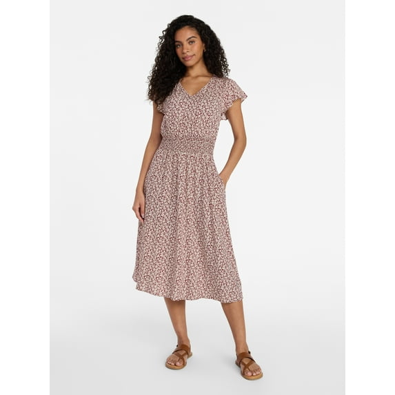 Time and Tru Women’s and Women’s Plus Smocked Waist Midi Dress with Flutter Sleeves, Sizes XS-4X