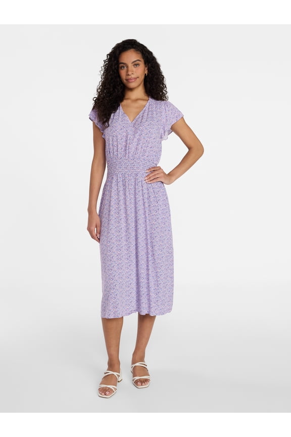 Women’s and Women’s Plus Smocked Waist Midi Dress with Flutter Sleeves, Sizes XS-4X