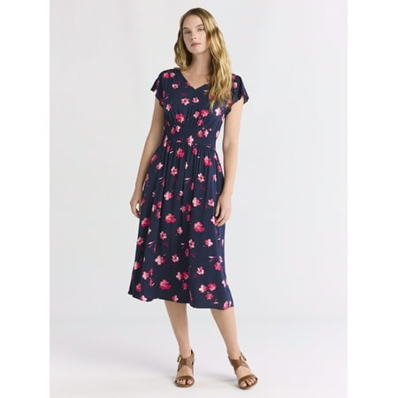 Time and Tru Women's and Women's Plus Smocked Waist Midi Dress, Sizes XS-4X