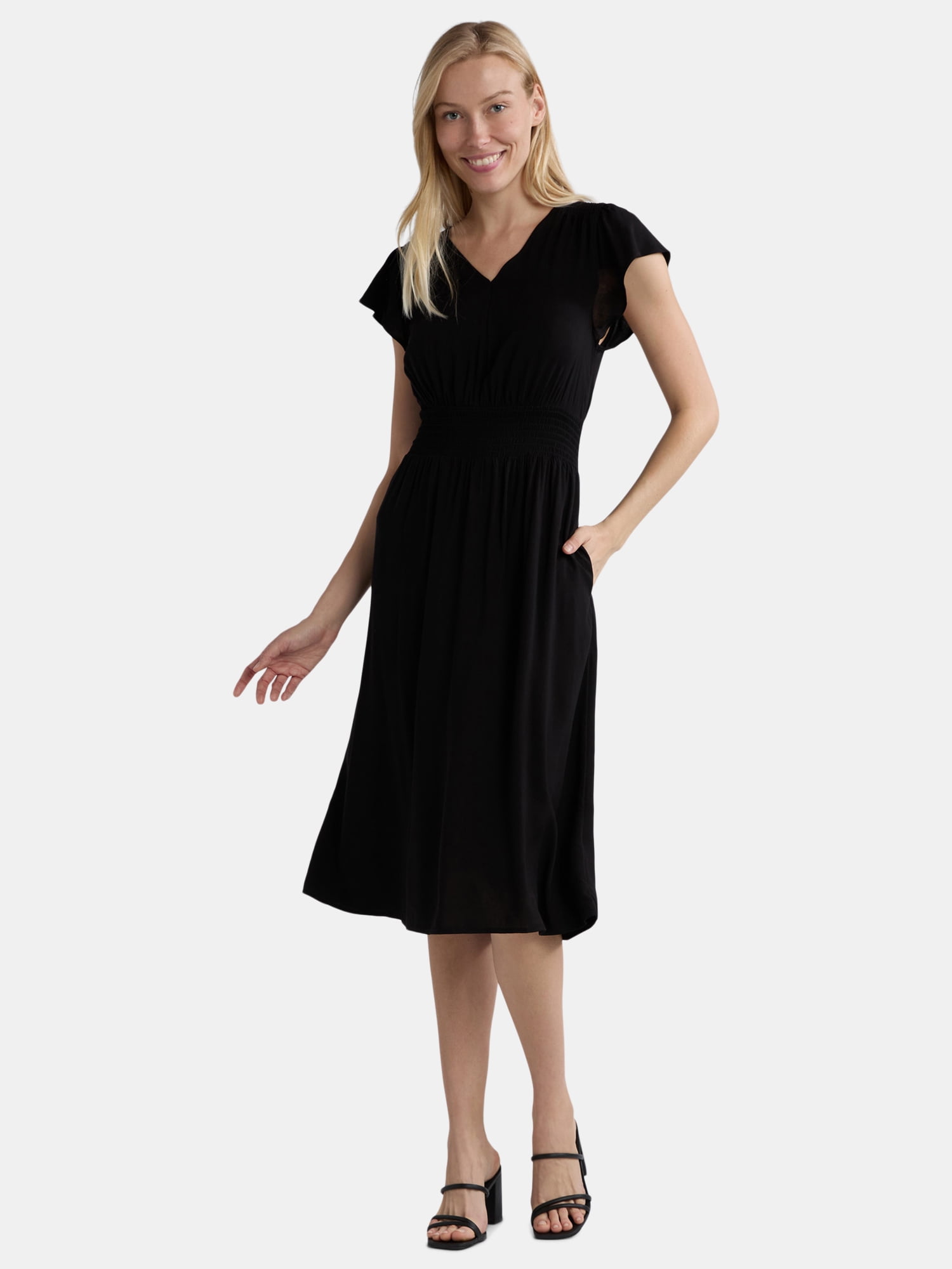Time and Tru Women's and Women's Plus Smocked Waist Midi Dress with Short Sleeves, Sizes XS-4X