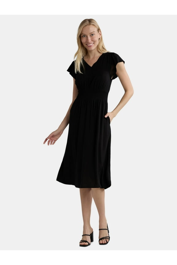 Women's and Women's Plus Smocked Waist Midi Dress with Short Sleeves, Sizes XS-4X