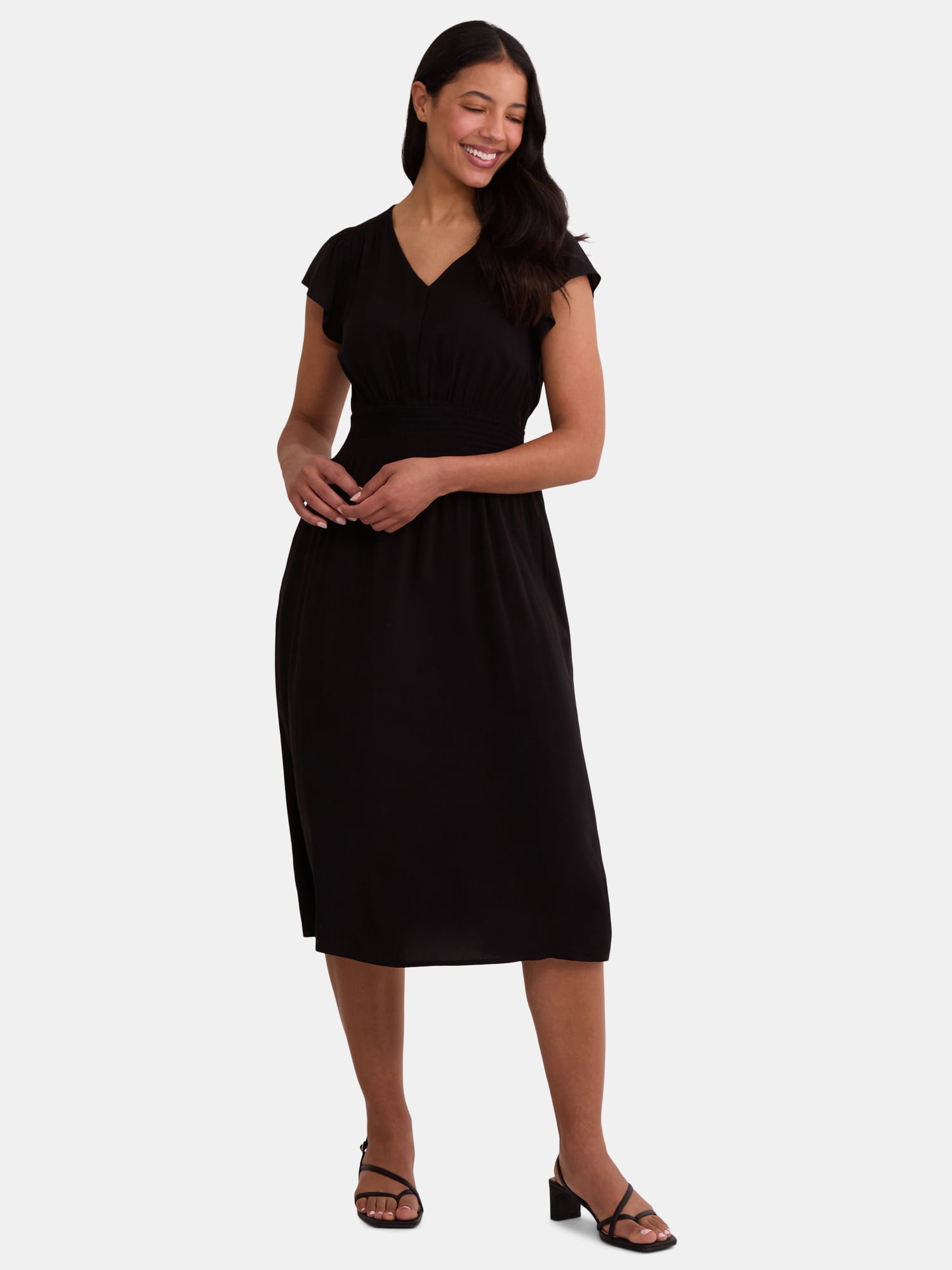 Time and Tru Women's Smocked Waist Midi Dress, Sizes XS-4X
