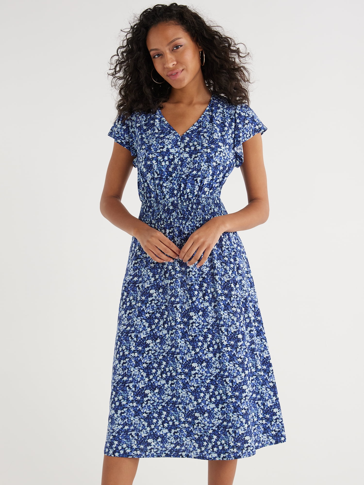 Time and Tru Women's and Women's Plus Smocked Waist Midi Dress with Short Sleeves, Sizes XS-4X