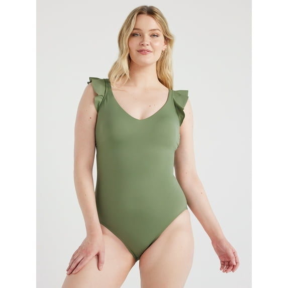 Time and Tru Women's and Women's Plus Solid Ruffle Sleeve One Piece Swimsuit, Sizes S-3X