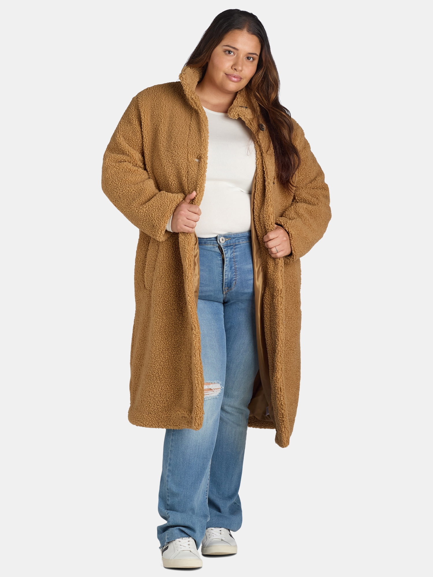 Time and Tru Women's and Women's Plus High Pile Funnel Neck Coat, Sizes XS-3X