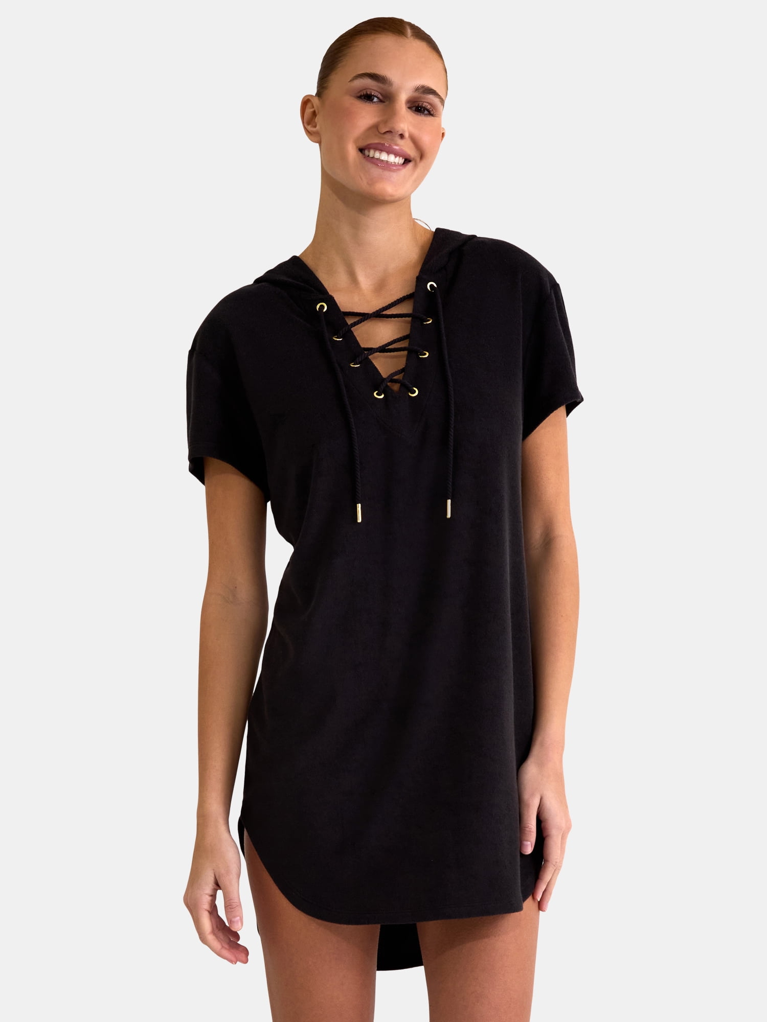 Walmart discounts of Time and Tru Women’s and Women’s Plus Terry Towel Lace Up Hooded Dress Coverup, Sizes XS-3X