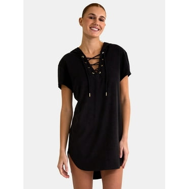 Time and Tru Women’s and Women’s Plus Terry Towel Lace Up Hooded Dress Coverup, Sizes XS-3X