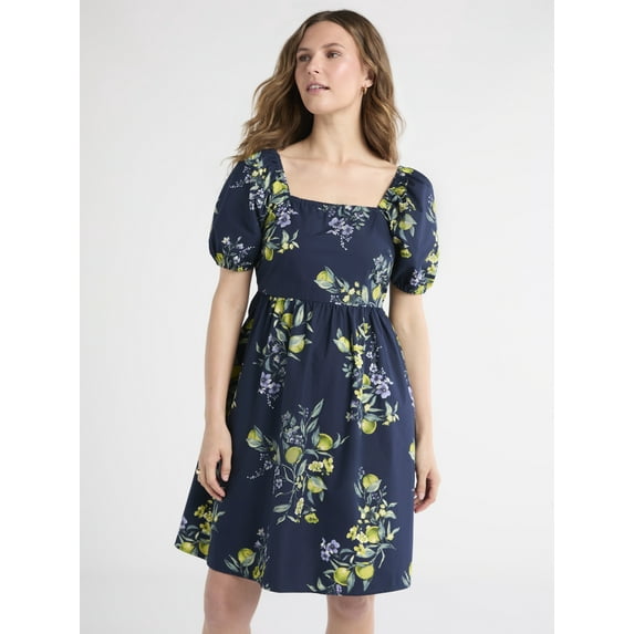 Time and Tru Women's and Women's Plus Tie Back Mini Dress with Puff Sleeves, Sizes XS-4X