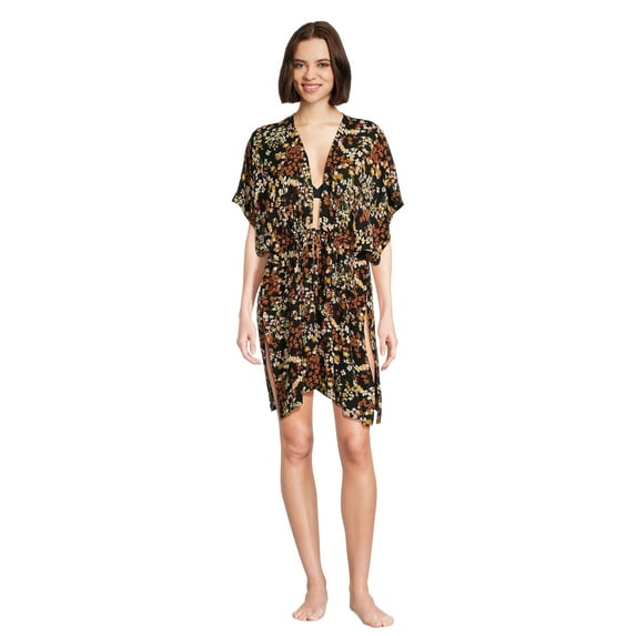 Time and Tru Women's and Women’s Plus Tie-Front Duster, Sizes, Black Soot Open Wildflower Field, Size S-3XL