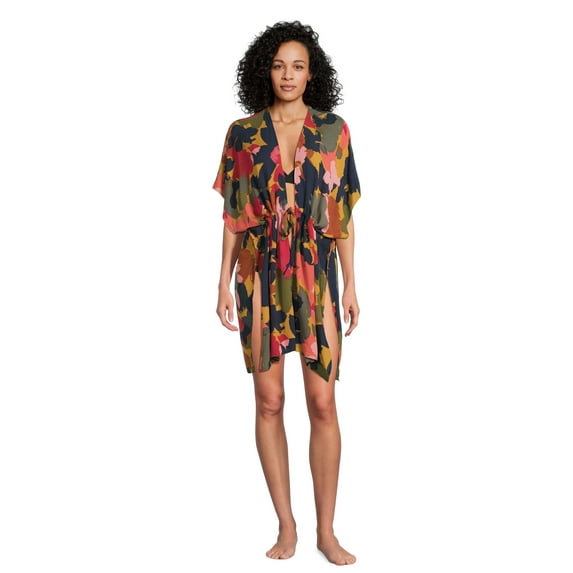 Time and Tru Women's and Women’s Plus Tie-Front Duster, Sizes, Black Soot Open Wildflower Field, Size S-3XL