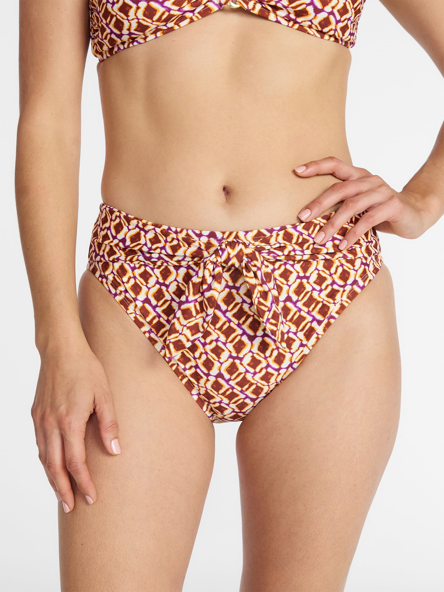 Time and Tru Women's and Women's Plus Tie Front High Cut Bikini Bottoms, Sizes XS-3X