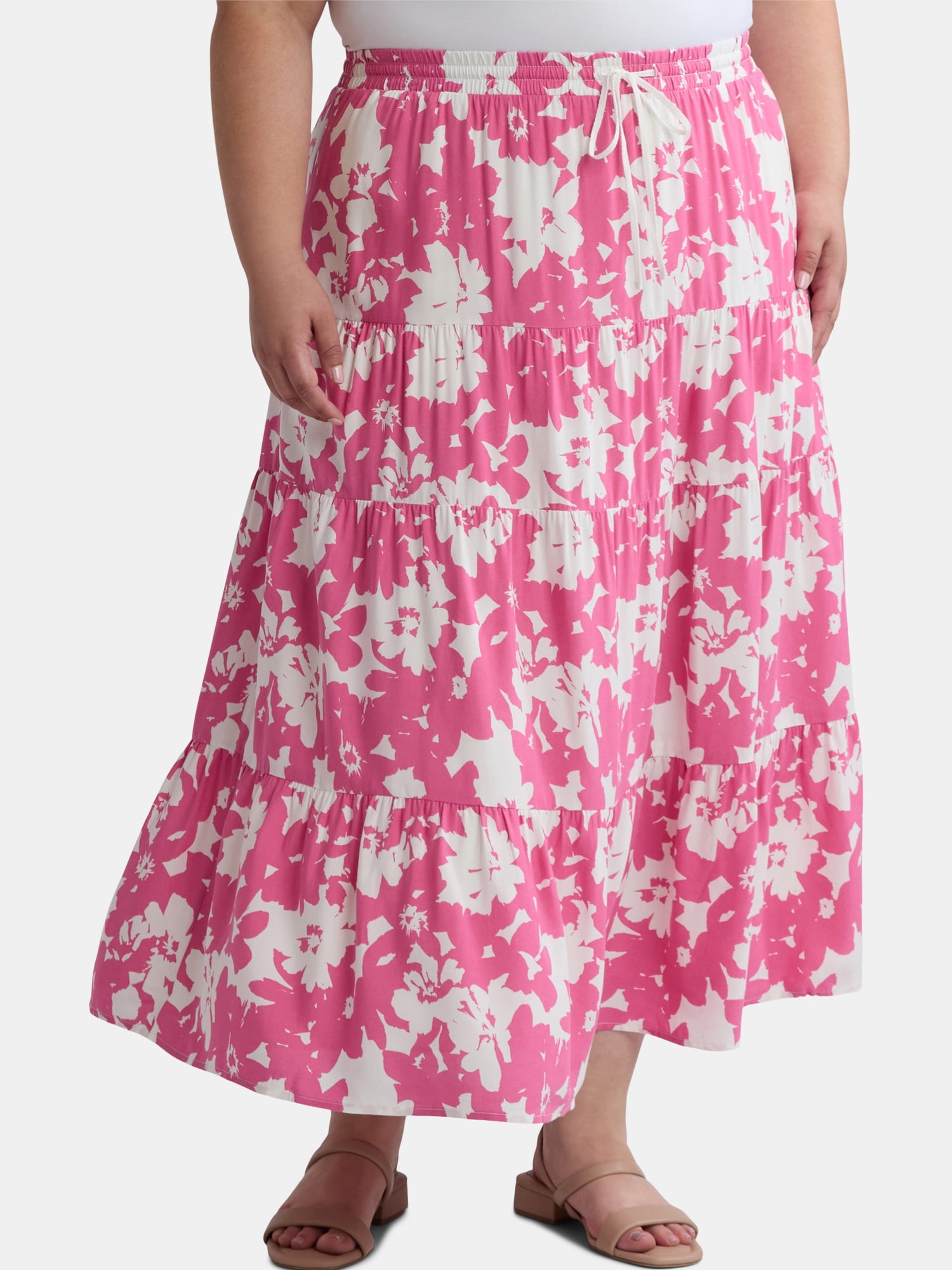 Time and Tru Women’s and Women's Plus Tiered Midi Skirt with Elastic Waistband, Sizes XS-4X