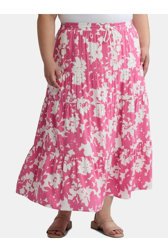 Women’s and Women's Plus Tiered Midi Skirt with Elastic Waistband, Sizes XS-4X
