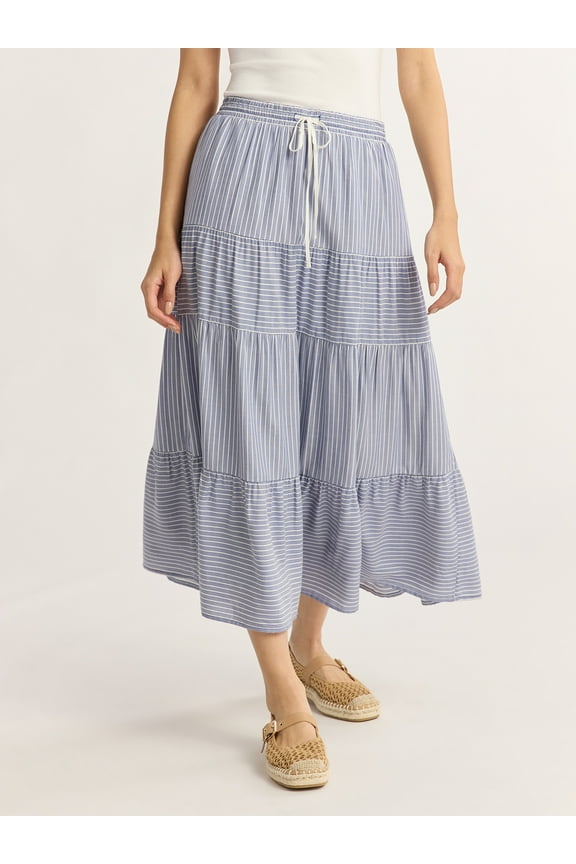 Women’s and Women's Plus Tiered Midi Skirt with Elastic Waistband, Sizes XS-4X