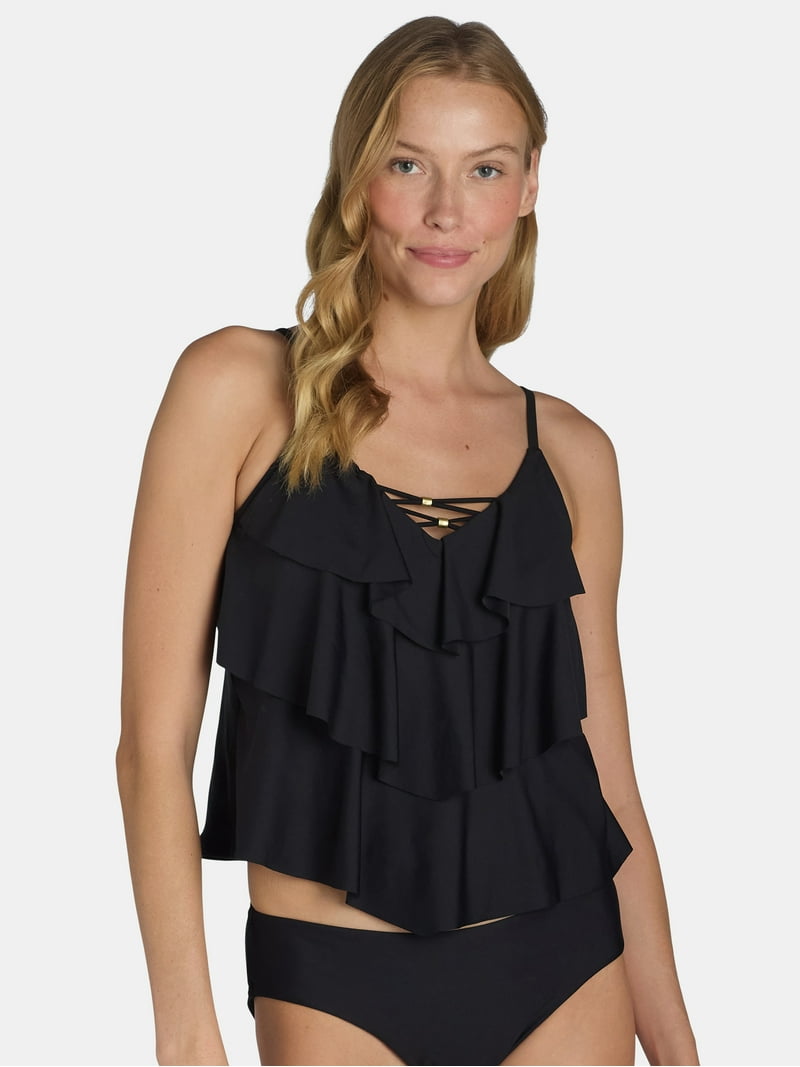 Time and Tru Women's Tiered Ruffle Tankini Top with Beaded Strappy