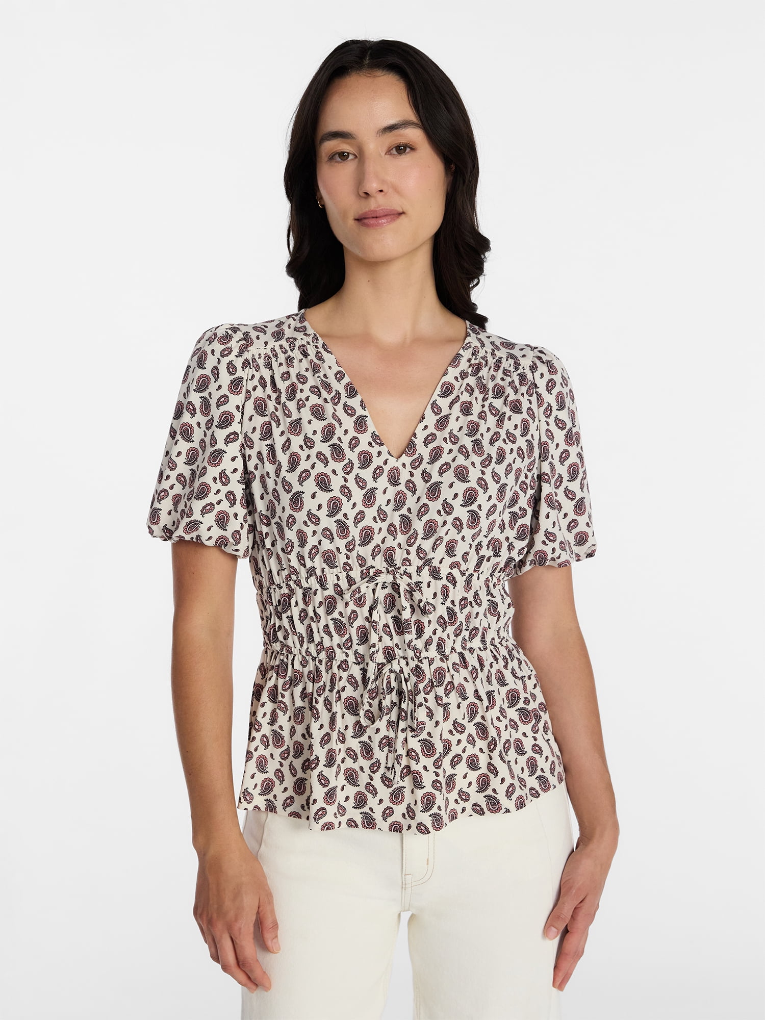 Time and Tru Women's and Women's Plus V Neck Shirred Peplum Top, Sizes XS-XXXL
