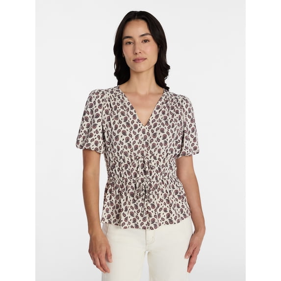 Time and Tru Women's and Women's Plus V Neck Shirred Peplum Top, Sizes XS-XXXL