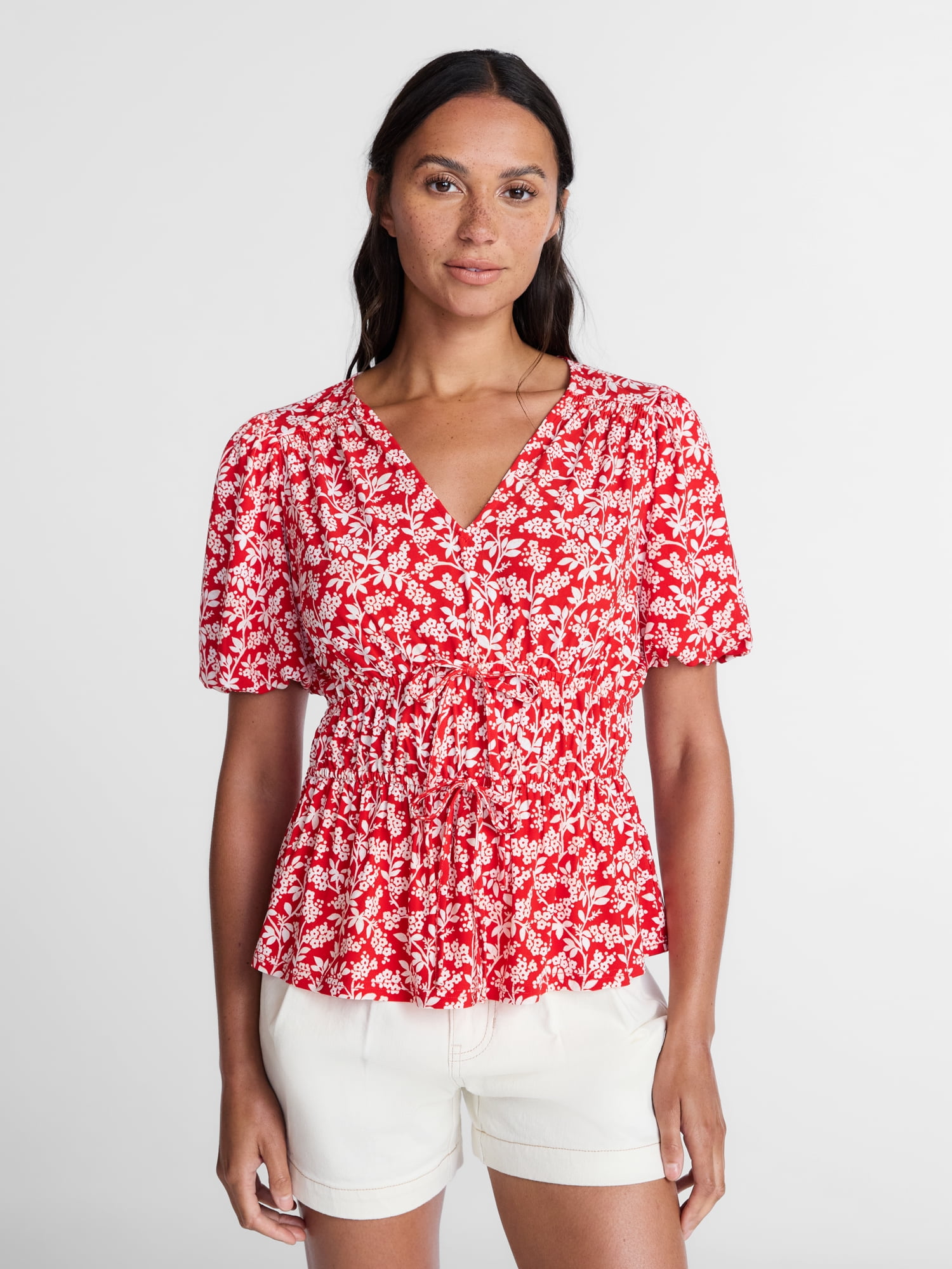 Time and Tru Women's and Women's Plus V-Neck Shirred Peplum Top, Sizes XS-XXXL