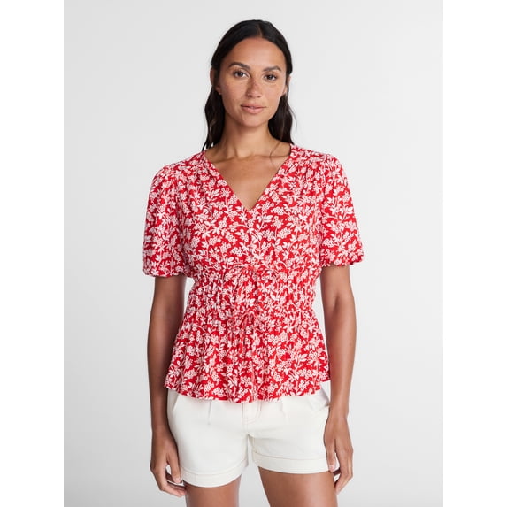 Time and Tru Women's and Women's Plus V-Neck Shirred Peplum Top, Sizes XS-XXXL