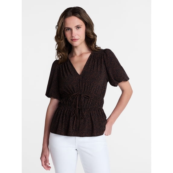 Time and Tru Women's and Women's Plus V Neck Shirred Peplum Top, Sizes XS-XXXL