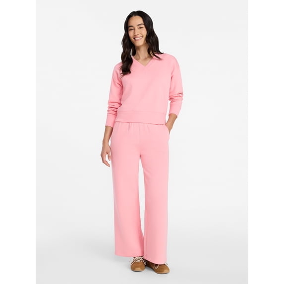 Time and Tru Women's and Women's Plus V-Neck Wide-Leg Sweatshirt and Pants Set, 2-Piece, Sizes XS-4X