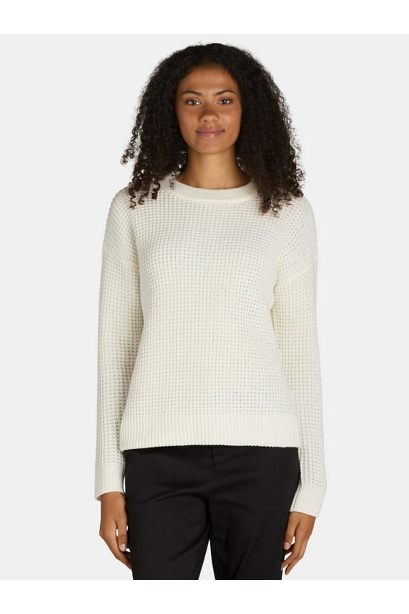 Women's and Women's Plus Waffle Stitch Sweater with Long Sleeves, Midweight, Sizes XS-4X