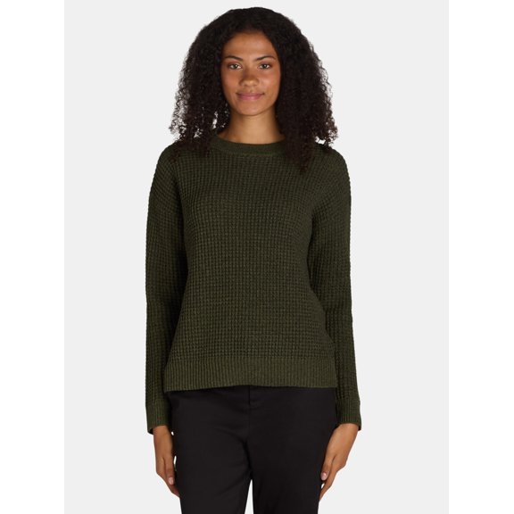 Time and Tru Women's and Women's Plus Waffle Stitch Sweater with Long Sleeves, Midweight, Sizes XS-4X