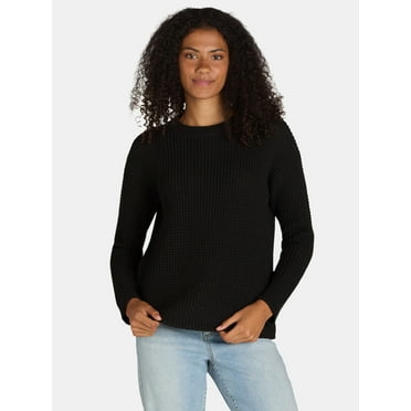 Time and Tru Women's and Women's Plus Waffle Stitch Sweater with Long Sleeves, Midweight, Sizes XS-4X
